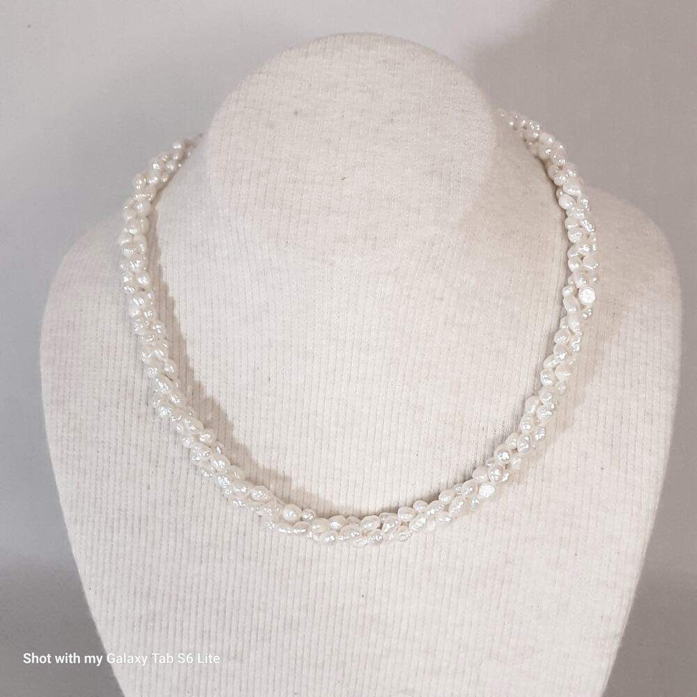 💎Choker Necklace Twisted Strands Faux Freshwater Pearl Beads Ornate Slide Clasp